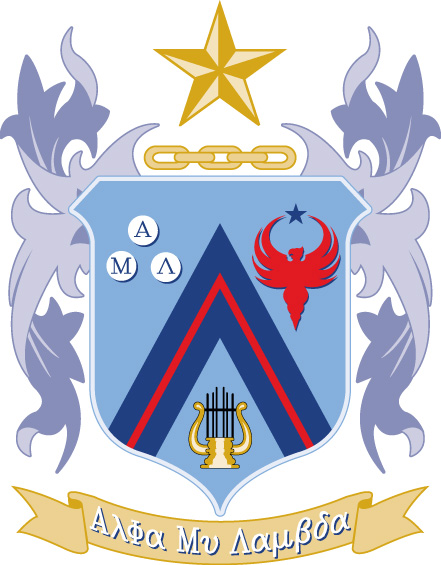 Crest of Alpha Mu Lambda featuring their Greek Letters, a harp, and a red phoenix.